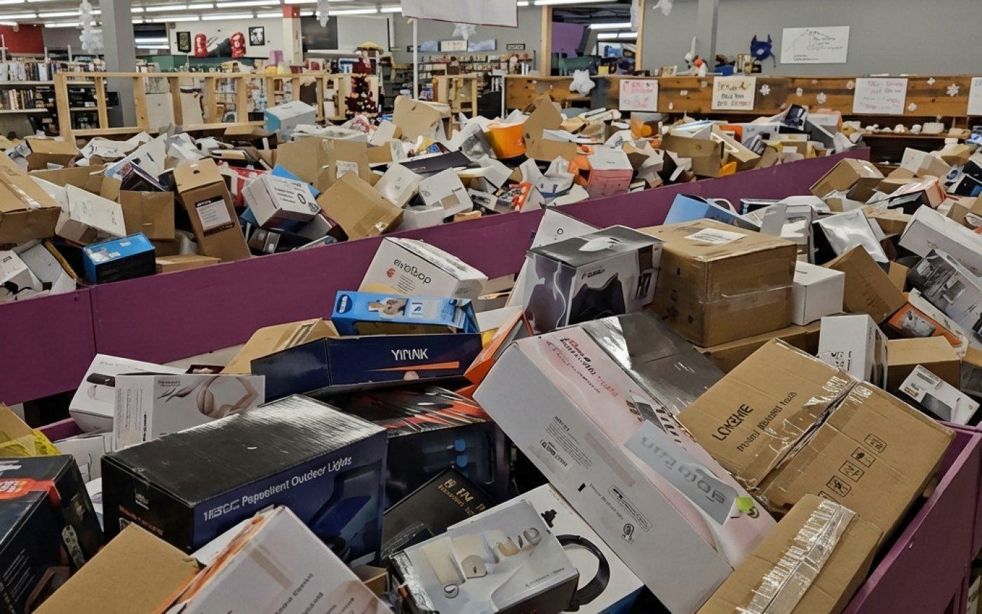 A deep bin at Amazing Stock overflowing with boxed electronics and small kitchen appliances